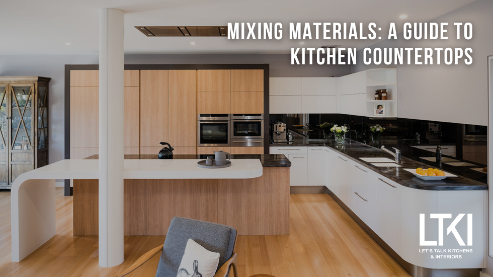 Kitchen with mixed-material countertops featuring a sleek wooden island and quartz countertops