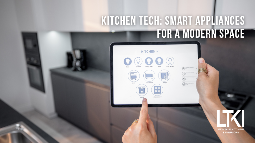 Modern kitchen featuring smart appliances like a Wi-Fi-enabled oven and voice-controlled refrigerator.